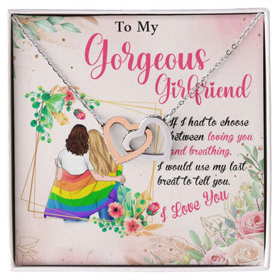 MY GORGEOUS GIRLFRIEND, INTERLOCKING HEART NECKLACE FOR LOVELY SOULMATE, FOR YOUR LGBTQ PARTNER, WITH MESSAGE CARD, PRIDE NECKLACE,