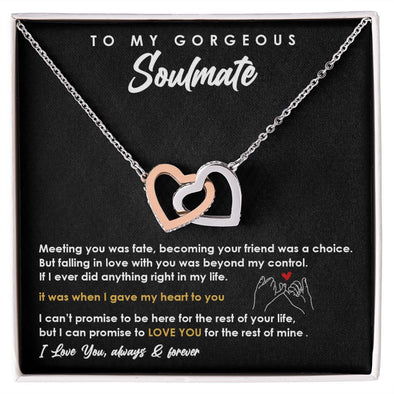 TO MY GORGEOUS SOULMATE I LOVE YOU, INTERLOCKING HEART NECKLACE, FOR COUPLES, BIRTHDAY GIFT FOR HER, NECKLACE WITH MESSAGE CARD