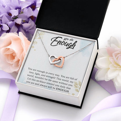 YOU ARE ENOUGH,  INTERLOCKING HEART NECKLACE WITH MESSAGE CARD FOR FRIENDS AND FAMILY, BIRTHDAY GIFT FOR HER, UNIQUE GIFT WITH MESSAGE CARD