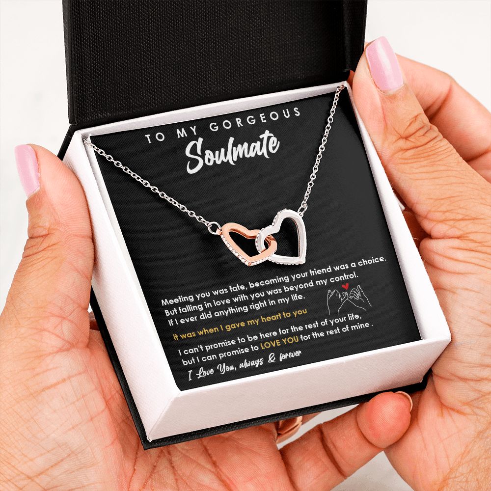 TO MY GORGEOUS SOULMATE I LOVE YOU, INTERLOCKING HEART NECKLACE, FOR COUPLES, BIRTHDAY GIFT FOR HER, NECKLACE WITH MESSAGE CARD