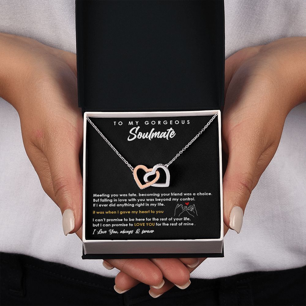TO MY GORGEOUS SOULMATE I LOVE YOU, INTERLOCKING HEART NECKLACE, FOR COUPLES, BIRTHDAY GIFT FOR HER, NECKLACE WITH MESSAGE CARD