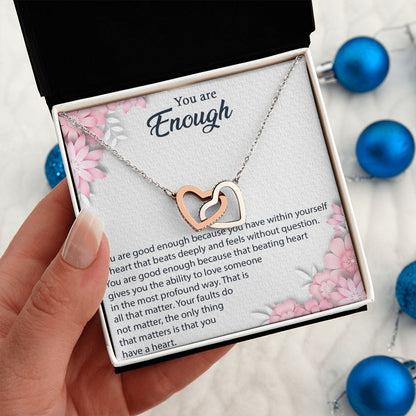 YOU ARE ENOUGH, INTERLOCKING HEART NECKLACE FOR HER, UNIQUE GIFT WITH MESSAGE CARD, GIFT FOR ALL OCCASION