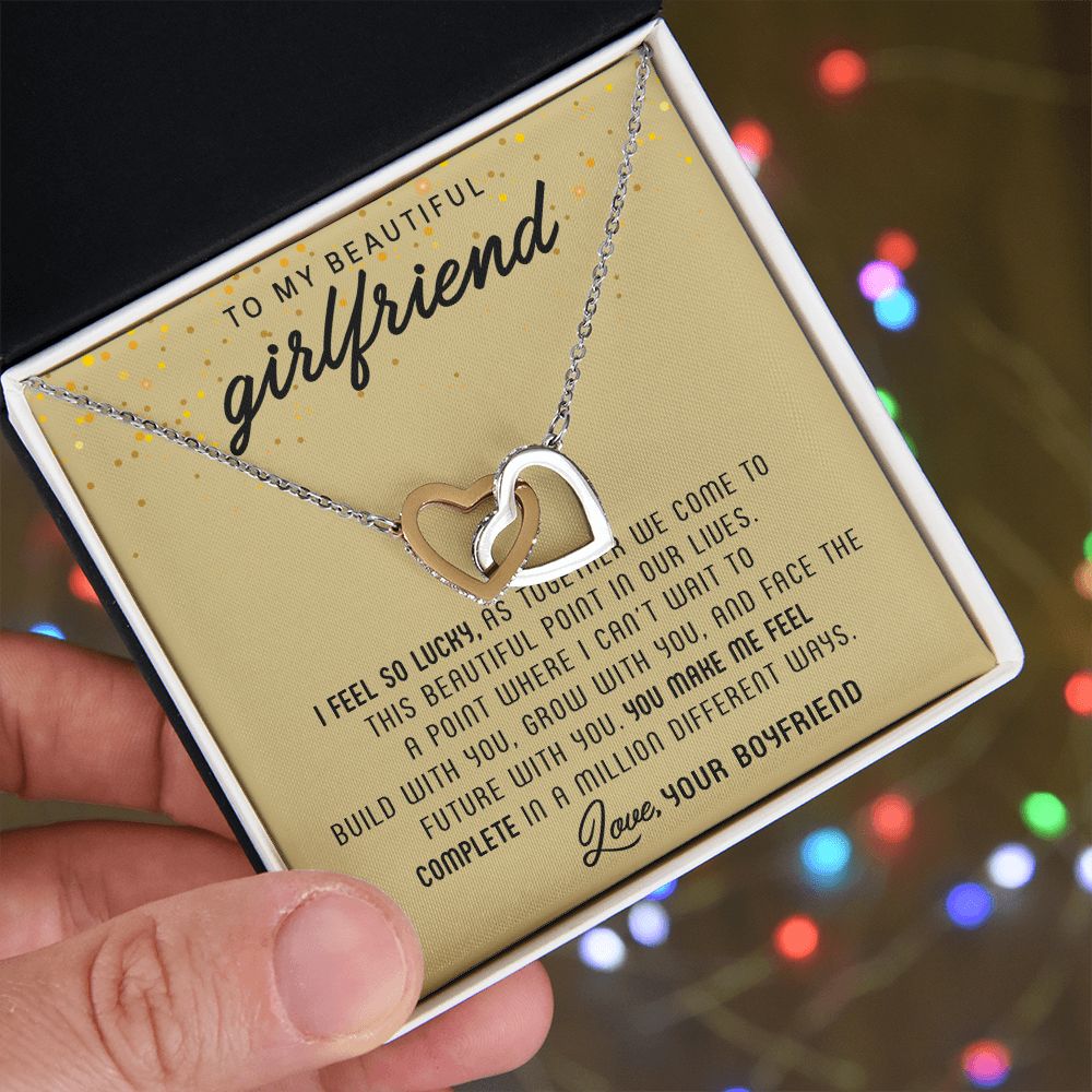 TO MY BEAUTIFUL GIRLFRIEND, INTERLOCKING HEART NECKLACE, FOR GIRLFRIEND, BIRTHDAY GIFT FOR HER