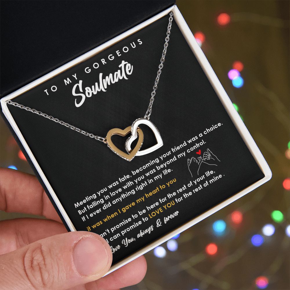 TO MY GORGEOUS SOULMATE I LOVE YOU, INTERLOCKING HEART NECKLACE, FOR COUPLES, BIRTHDAY GIFT FOR HER, NECKLACE WITH MESSAGE CARD