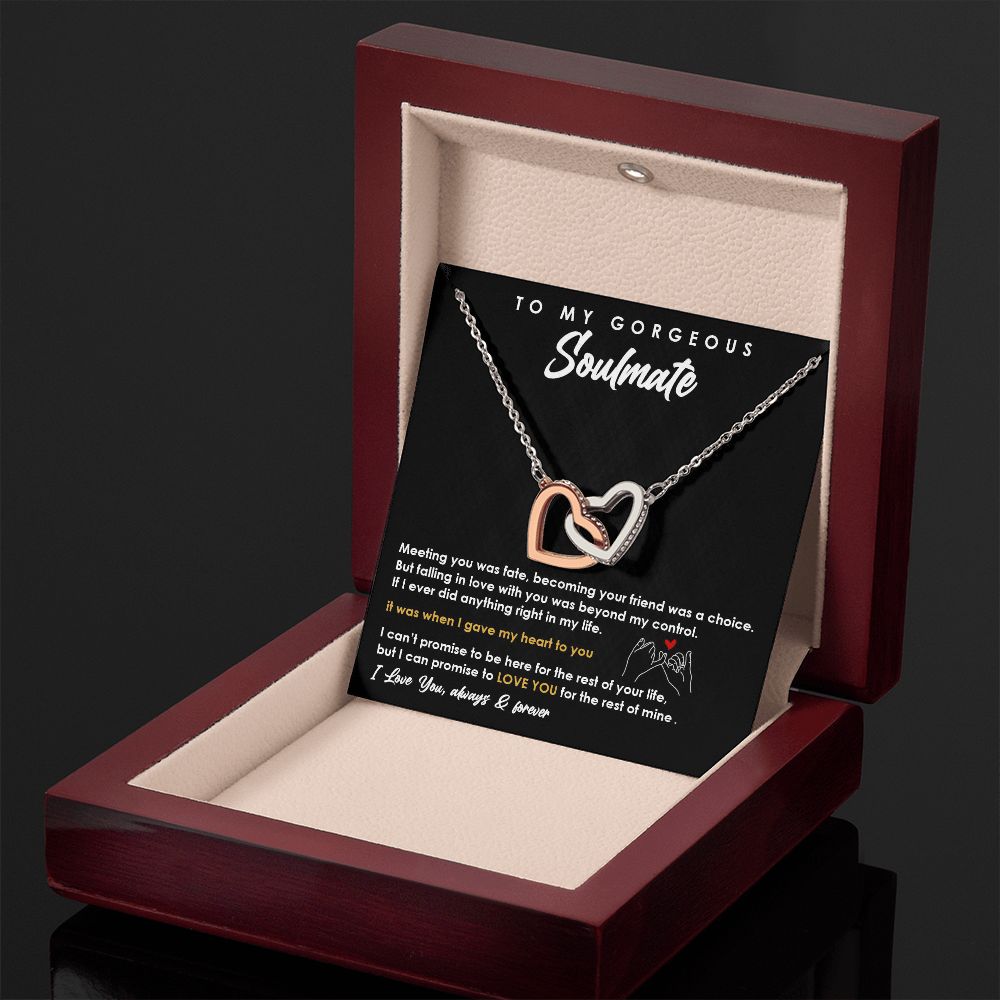 TO MY GORGEOUS SOULMATE I LOVE YOU, INTERLOCKING HEART NECKLACE, FOR COUPLES, BIRTHDAY GIFT FOR HER, NECKLACE WITH MESSAGE CARD