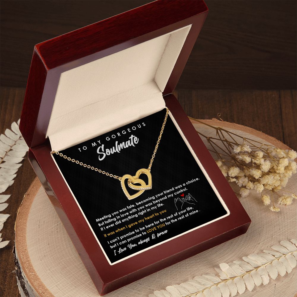 TO MY GORGEOUS SOULMATE I LOVE YOU, INTERLOCKING HEART NECKLACE, FOR COUPLES, BIRTHDAY GIFT FOR HER, NECKLACE WITH MESSAGE CARD