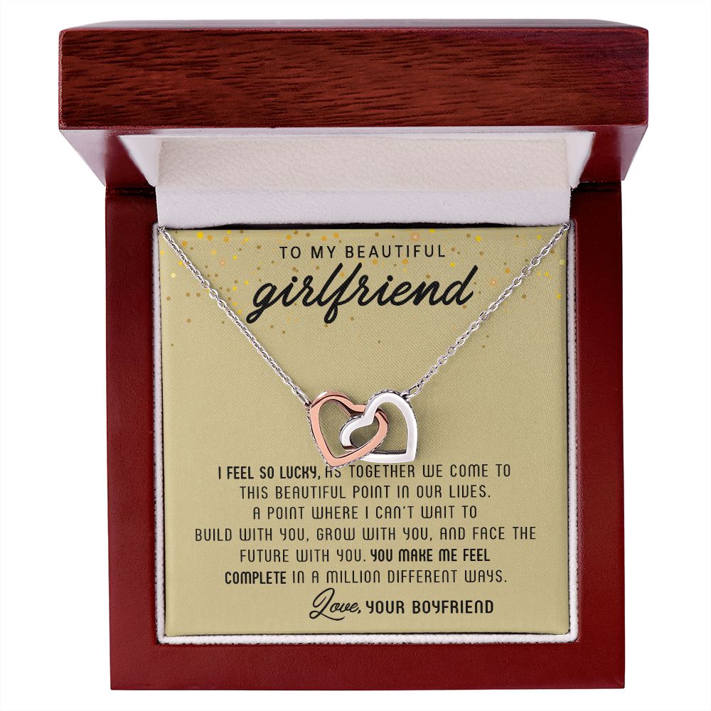 TO MY BEAUTIFUL GIRLFRIEND, INTERLOCKING HEART NECKLACE, FOR GIRLFRIEND, BIRTHDAY GIFT FOR HER