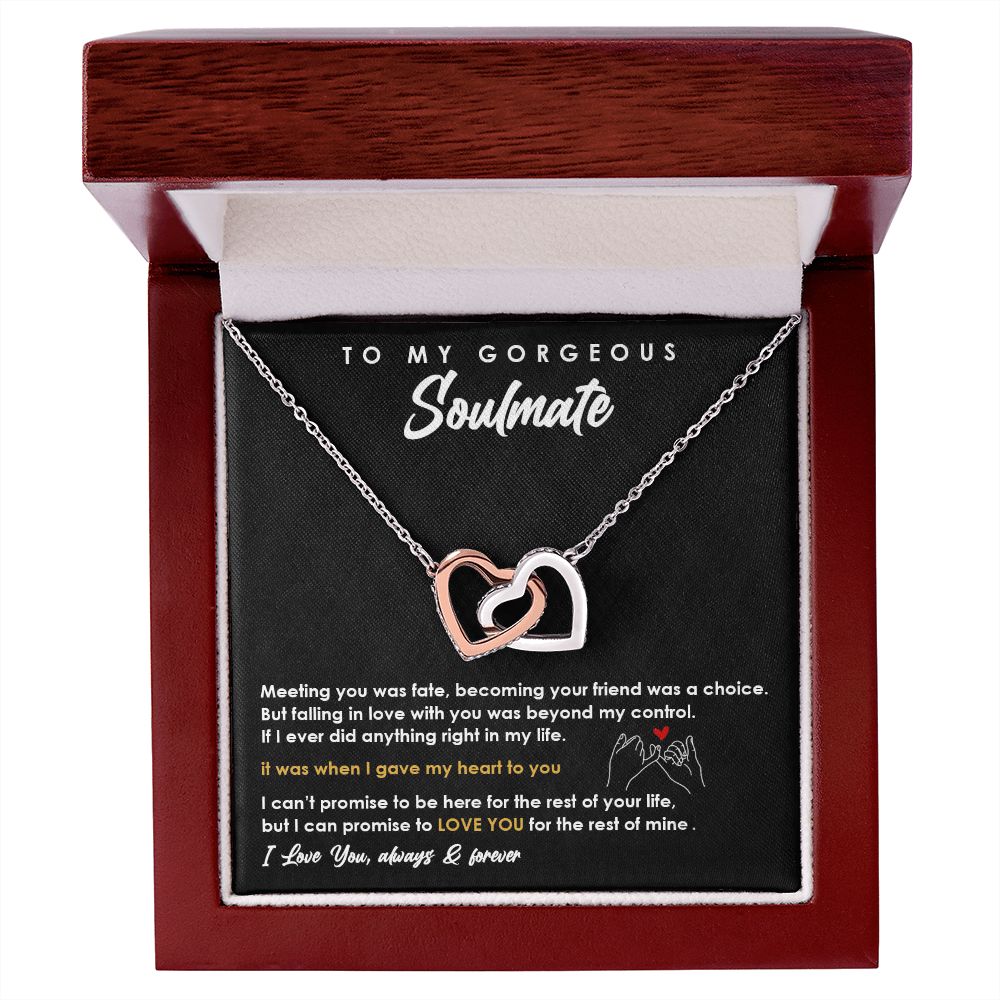 TO MY GORGEOUS SOULMATE I LOVE YOU, INTERLOCKING HEART NECKLACE, FOR COUPLES, BIRTHDAY GIFT FOR HER, NECKLACE WITH MESSAGE CARD