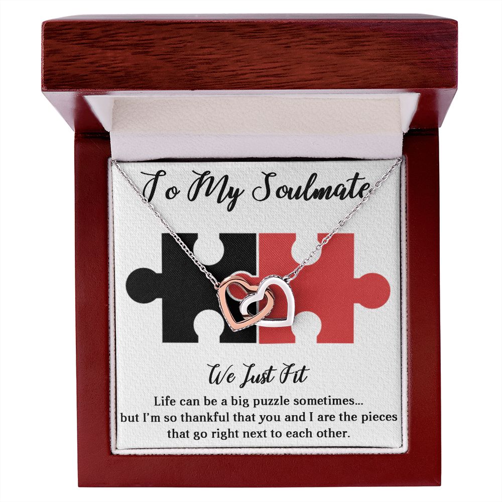 TO MY SOULMATE WE JUST FIT, INTERLOCKING HEART NECKLACE, FOR COUPLES, BIRTHDAY GIFT FOR HER, NECKLACE WITH MESSAGE CARD