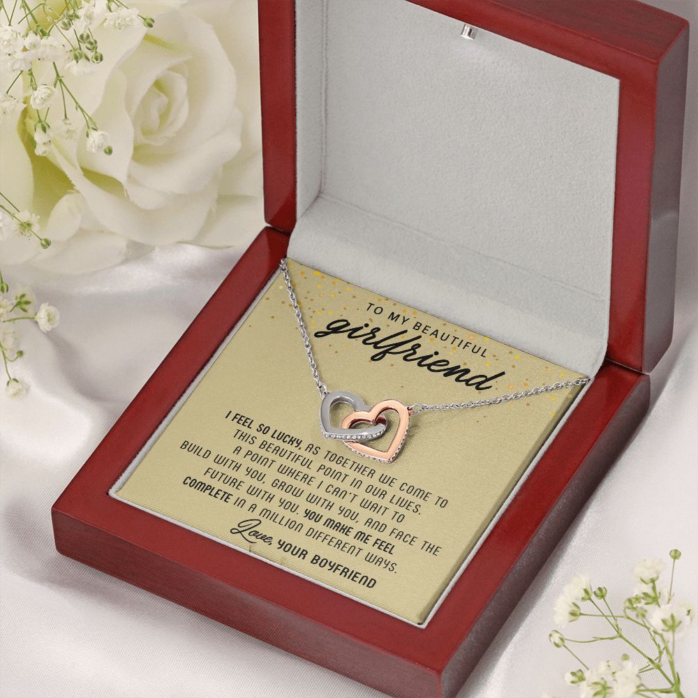 TO MY BEAUTIFUL GIRLFRIEND, INTERLOCKING HEART NECKLACE, FOR GIRLFRIEND, BIRTHDAY GIFT FOR HER