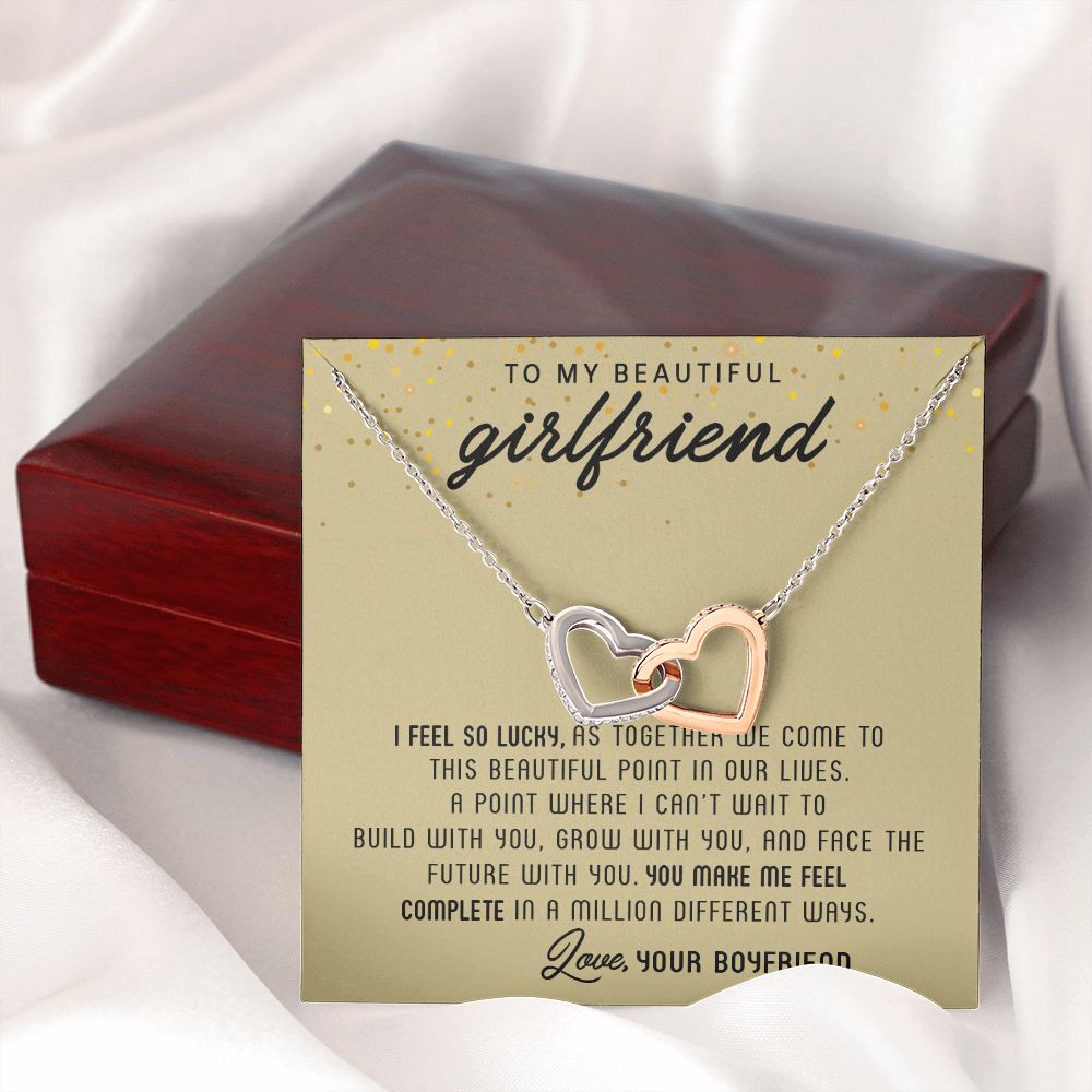 TO MY BEAUTIFUL GIRLFRIEND, INTERLOCKING HEART NECKLACE, FOR GIRLFRIEND, BIRTHDAY GIFT FOR HER