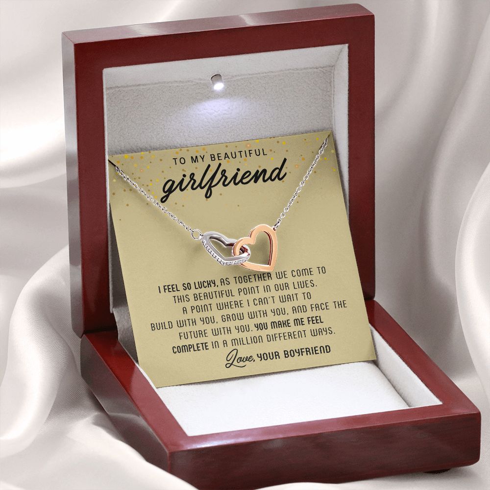 TO MY BEAUTIFUL GIRLFRIEND, INTERLOCKING HEART NECKLACE, FOR GIRLFRIEND, BIRTHDAY GIFT FOR HER