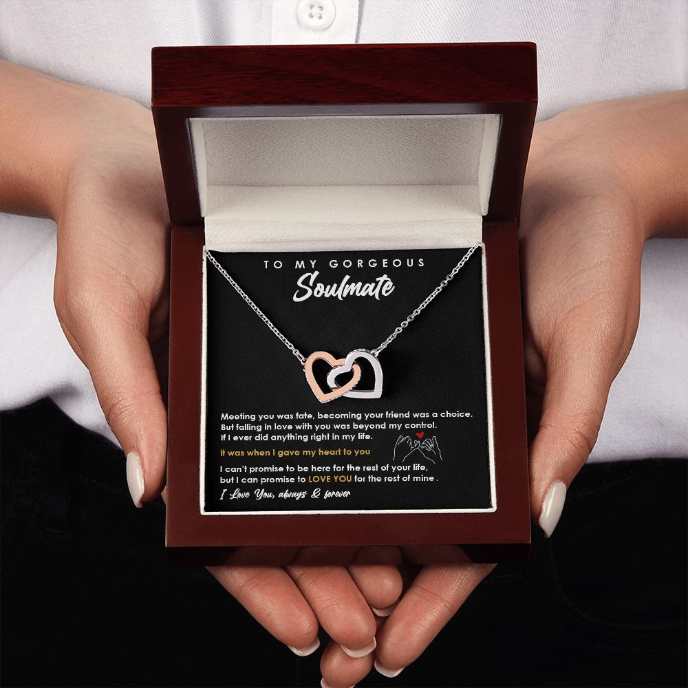 TO MY GORGEOUS SOULMATE I LOVE YOU, INTERLOCKING HEART NECKLACE, FOR COUPLES, BIRTHDAY GIFT FOR HER, NECKLACE WITH MESSAGE CARD