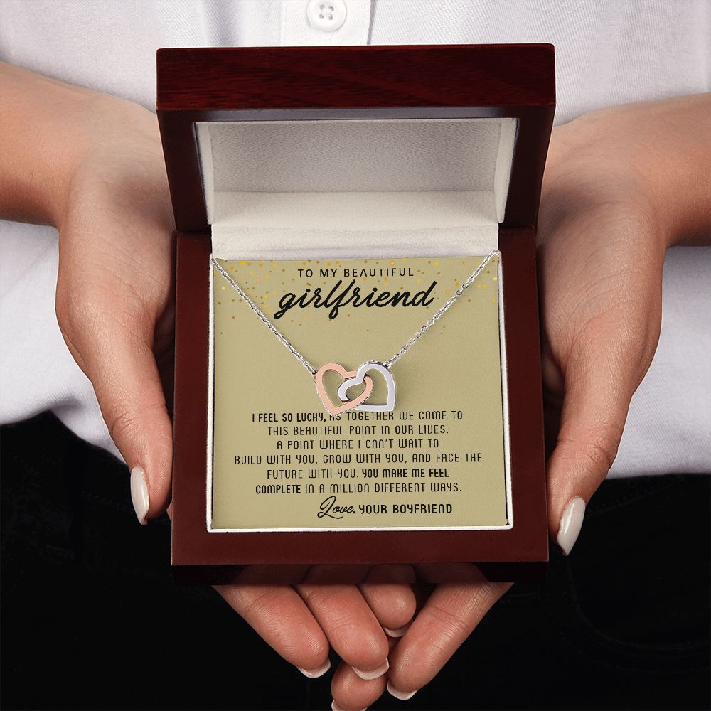 TO MY BEAUTIFUL GIRLFRIEND, INTERLOCKING HEART NECKLACE, FOR GIRLFRIEND, BIRTHDAY GIFT FOR HER
