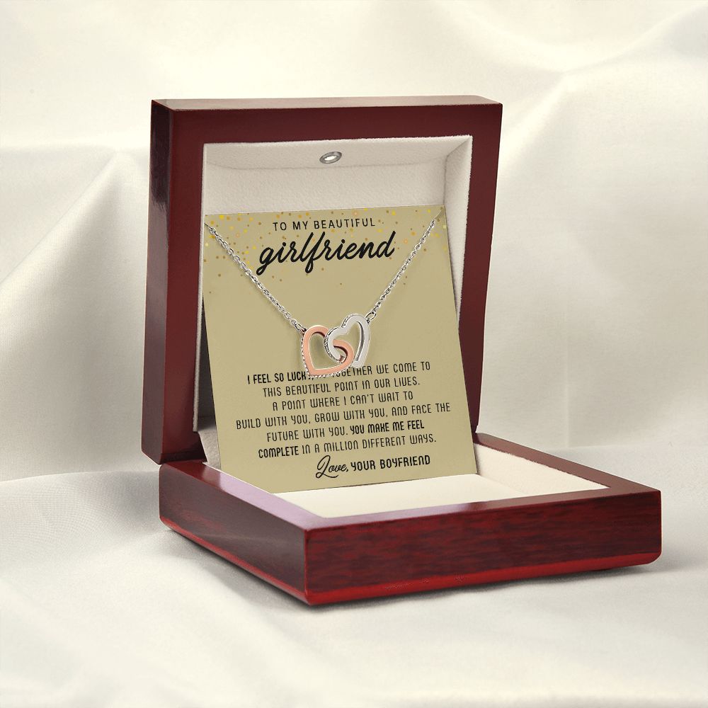 TO MY BEAUTIFUL GIRLFRIEND, INTERLOCKING HEART NECKLACE, FOR GIRLFRIEND, BIRTHDAY GIFT FOR HER