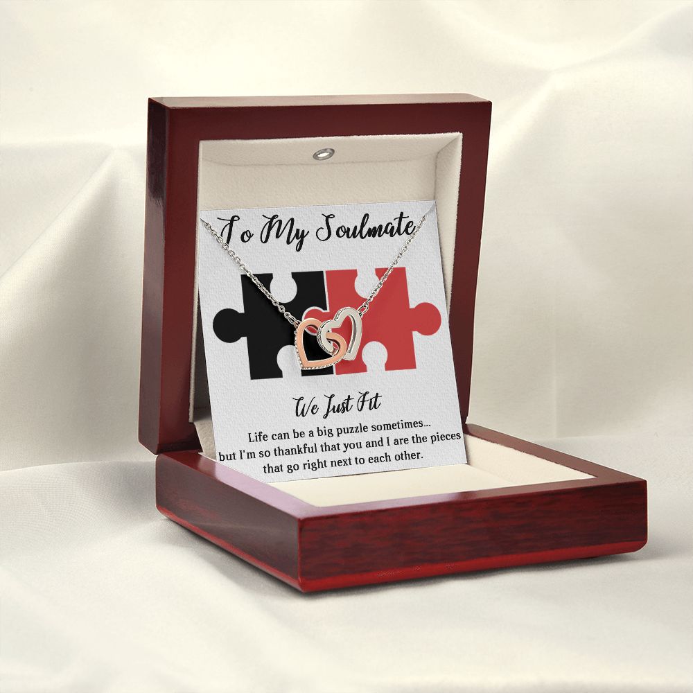 TO MY SOULMATE WE JUST FIT, INTERLOCKING HEART NECKLACE, FOR COUPLES, BIRTHDAY GIFT FOR HER, NECKLACE WITH MESSAGE CARD