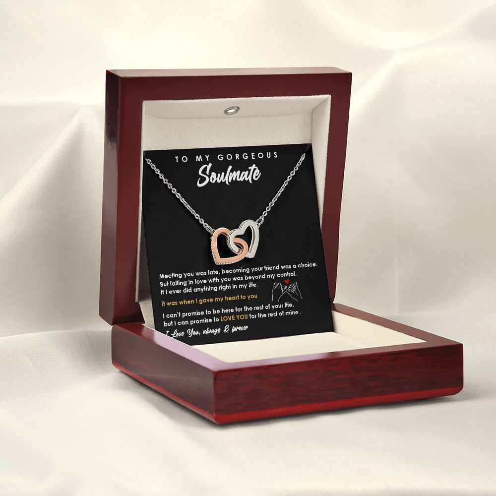TO MY GORGEOUS SOULMATE I LOVE YOU, INTERLOCKING HEART NECKLACE, FOR COUPLES, BIRTHDAY GIFT FOR HER, NECKLACE WITH MESSAGE CARD