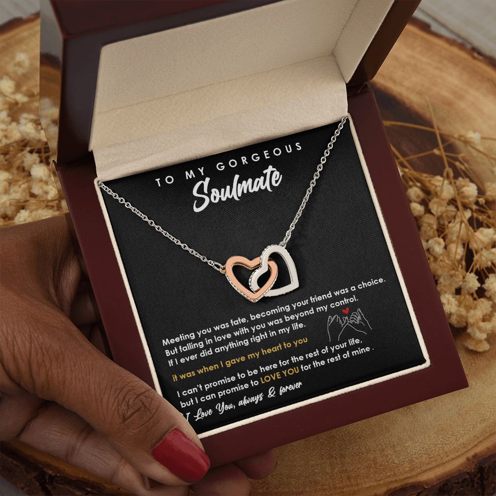 TO MY GORGEOUS SOULMATE I LOVE YOU, INTERLOCKING HEART NECKLACE, FOR COUPLES, BIRTHDAY GIFT FOR HER, NECKLACE WITH MESSAGE CARD