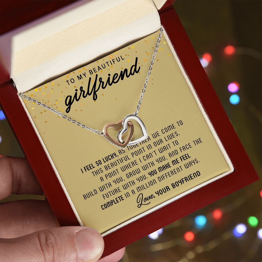 TO MY BEAUTIFUL GIRLFRIEND, INTERLOCKING HEART NECKLACE, FOR GIRLFRIEND, BIRTHDAY GIFT FOR HER