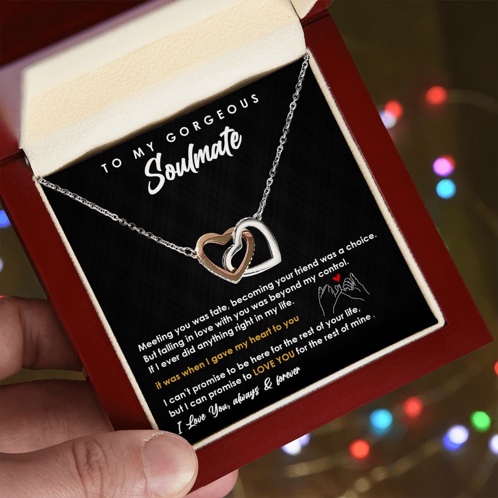 TO MY GORGEOUS SOULMATE I LOVE YOU, INTERLOCKING HEART NECKLACE, FOR COUPLES, BIRTHDAY GIFT FOR HER, NECKLACE WITH MESSAGE CARD