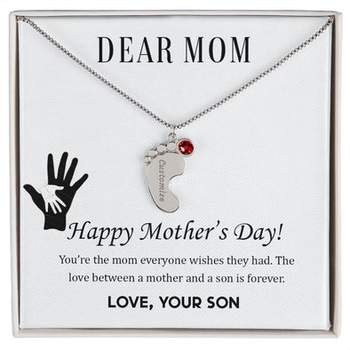 ENGRAVED BABY FEET WITH NAME AND BIRTHSTONE, NECKLACE GIFT FOR MOM WITH KIDS NAME, WITH MESSAGE CARD, BIRTHDAY/ MOTHER'S DAY GIFT FOR MOM FROM SON