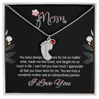 ENGRAVED BABY FEET WITH NAME AND BIRTHSTONE, NECKLACE GIFT FOR MOM WITH KIDS NAME, WITH MESSAGE CARD, BIRTHDAY/ MOTHER'S DAY GIFT FOR MOM FROM SON/DAUGHTER