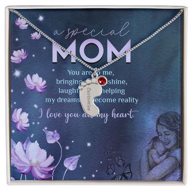 ENGRAVED BABY FEET WITH NAME AND BIRTHSTONE, NECKLACE GIFT FOR MOM WITH KIDS NAME, WITH MESSAGE CARD, BIRTHDAY/MOTHER'S DAY GIFT FOR MOM, FROM KIDS