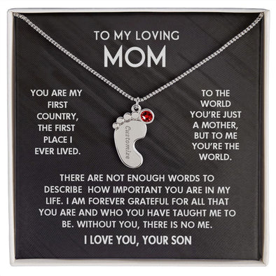 ENGRAVED BABY FEET WITH NAME AND BIRTHSTONE, NECKLACE GIFT FOR MOM WITH KIDS NAME, WITH MESSAGE CARD, BIRTHDAY/ MOTHER'S DAY GIFT FOR MOM FROM SON