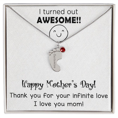 ENGRAVED BABY FEET WITH NAME AND BIRTHSTONE, NECKLACE GIFT FOR MOM WITH KIDS NAME, WITH MESSAGE CARD, MOTHER'S DAY GIFT FOR MOM FROM SON/DAUGHTER