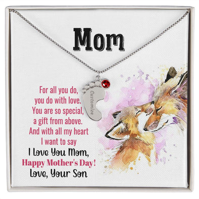 ENGRAVED BABY FEET WITH NAME AND BIRTHSTONE, NECKLACE GIFT FOR MOM WITH KIDS NAME, WITH MESSAGE CARD, MOTHER'S DAY GIFT FOR MOM FROM SON