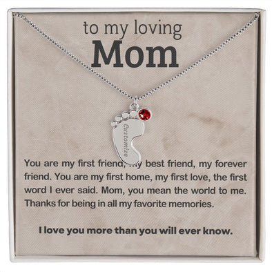 ENGRAVED BABY FEET WITH NAME AND BIRTHSTONE, NECKLACE GIFT FOR MOM WITH KIDS NAME, WITH MESSAGE CARD, BIRTHDAY/MOTHER'S DAY GIFT FOR MOM, FROM SON/DAUGHTER