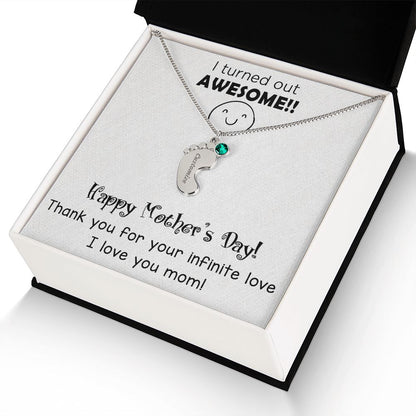 ENGRAVED BABY FEET WITH NAME AND BIRTHSTONE, NECKLACE GIFT FOR MOM WITH KIDS NAME, WITH MESSAGE CARD, MOTHER'S DAY GIFT FOR MOM FROM SON/DAUGHTER