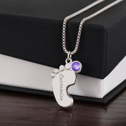 ENGRAVED BABY FEET WITH NAME AND BIRTHSTONE, NECKLACE GIFT FOR MOM WITH KIDS NAME, WITH MESSAGE CARD, MOTHER'S DAY GIFT FOR MOM FROM SON/DAUGHTER