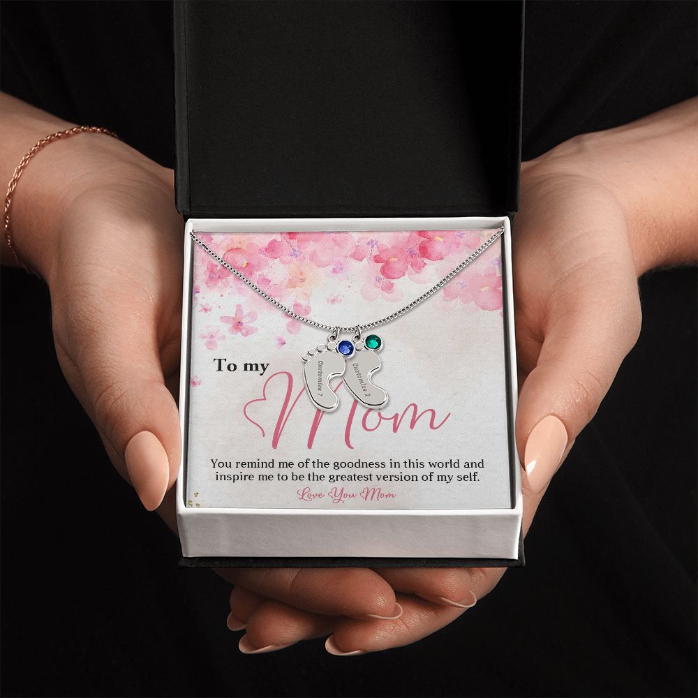 ENGRAVED BABY FEET WITH NAME AND BIRTHSTONE, NECKLACE GIFT FOR MOM WITH KIDS NAME, WITH MESSAGE CARD, BIRTHDAY/ MOTHER'S DAY GIFT FOR MOM FROM SON/DAUGHTER