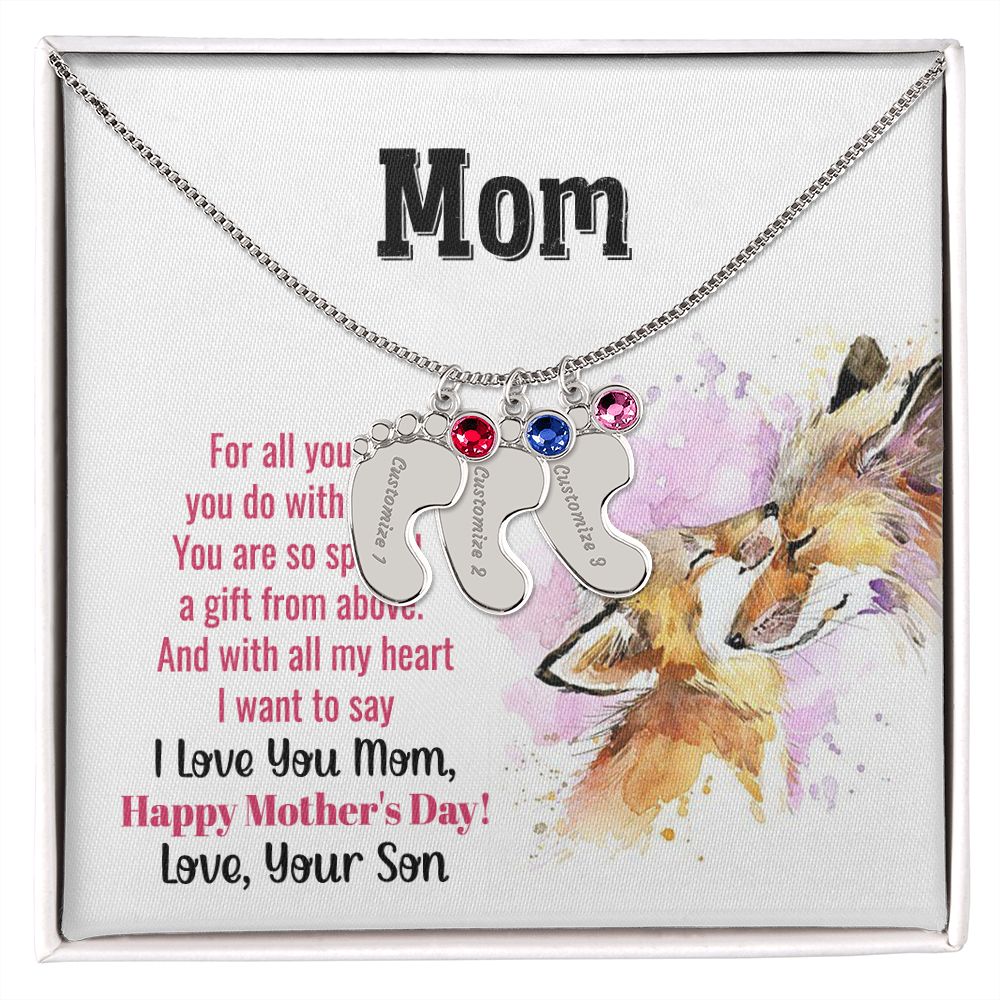ENGRAVED BABY FEET WITH NAME AND BIRTHSTONE, NECKLACE GIFT FOR MOM WITH KIDS NAME, WITH MESSAGE CARD, MOTHER'S DAY GIFT FOR MOM FROM SON