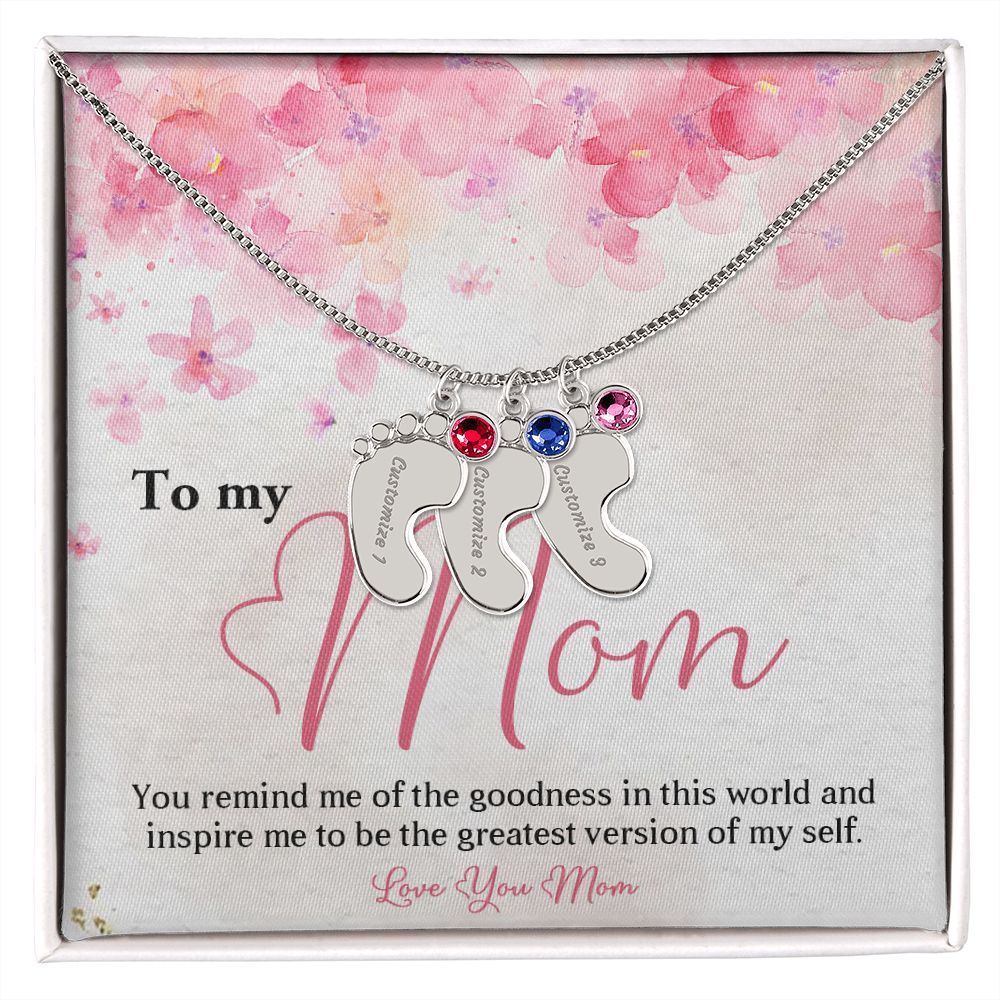 ENGRAVED BABY FEET WITH NAME AND BIRTHSTONE, NECKLACE GIFT FOR MOM WITH KIDS NAME, WITH MESSAGE CARD, BIRTHDAY/ MOTHER'S DAY GIFT FOR MOM FROM SON/DAUGHTER