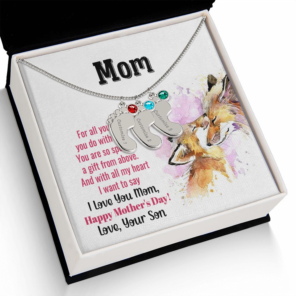 ENGRAVED BABY FEET WITH NAME AND BIRTHSTONE, NECKLACE GIFT FOR MOM WITH KIDS NAME, WITH MESSAGE CARD, MOTHER'S DAY GIFT FOR MOM FROM SON