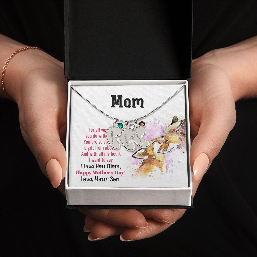 ENGRAVED BABY FEET WITH NAME AND BIRTHSTONE, NECKLACE GIFT FOR MOM WITH KIDS NAME, WITH MESSAGE CARD, MOTHER'S DAY GIFT FOR MOM FROM SON