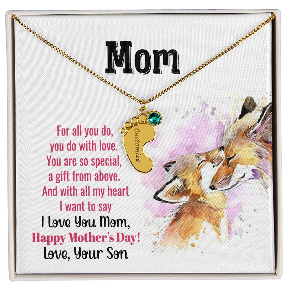 ENGRAVED BABY FEET WITH NAME AND BIRTHSTONE, NECKLACE GIFT FOR MOM WITH KIDS NAME, WITH MESSAGE CARD, MOTHER'S DAY GIFT FOR MOM FROM SON