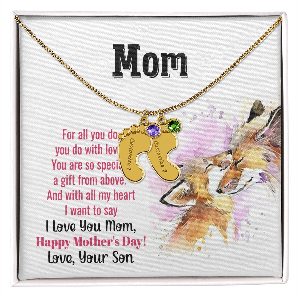ENGRAVED BABY FEET WITH NAME AND BIRTHSTONE, NECKLACE GIFT FOR MOM WITH KIDS NAME, WITH MESSAGE CARD, MOTHER'S DAY GIFT FOR MOM FROM SON