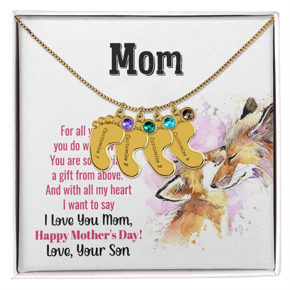 ENGRAVED BABY FEET WITH NAME AND BIRTHSTONE, NECKLACE GIFT FOR MOM WITH KIDS NAME, WITH MESSAGE CARD, MOTHER'S DAY GIFT FOR MOM FROM SON