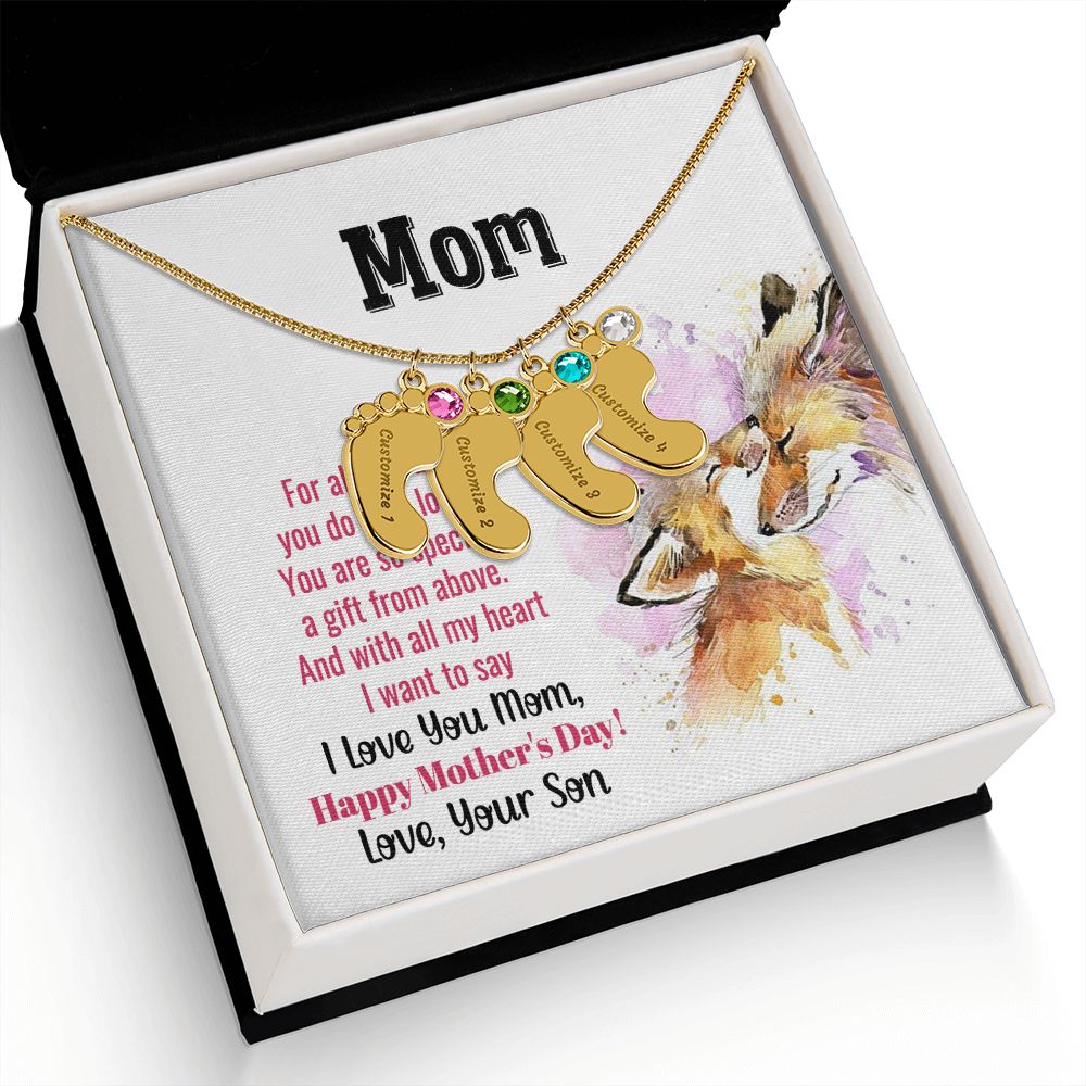 ENGRAVED BABY FEET WITH NAME AND BIRTHSTONE, NECKLACE GIFT FOR MOM WITH KIDS NAME, WITH MESSAGE CARD, MOTHER'S DAY GIFT FOR MOM FROM SON