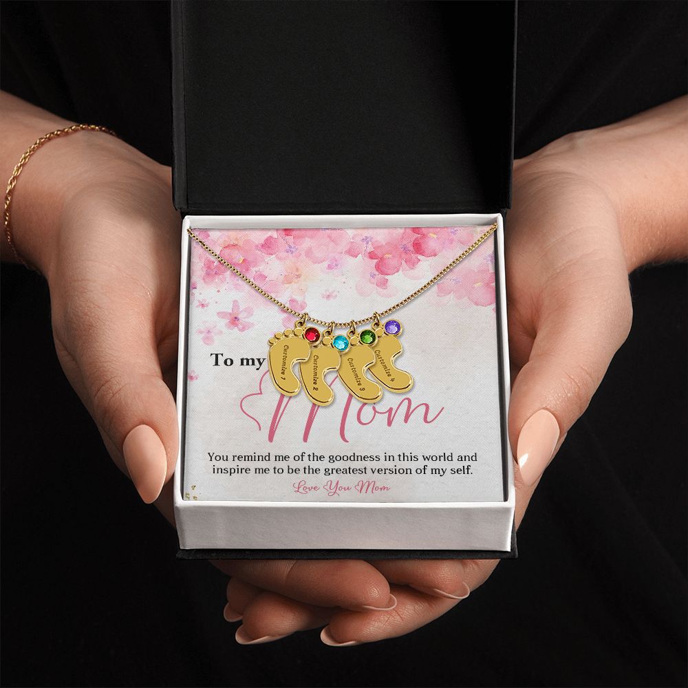 ENGRAVED BABY FEET WITH NAME AND BIRTHSTONE, NECKLACE GIFT FOR MOM WITH KIDS NAME, WITH MESSAGE CARD, BIRTHDAY/ MOTHER'S DAY GIFT FOR MOM FROM SON/DAUGHTER