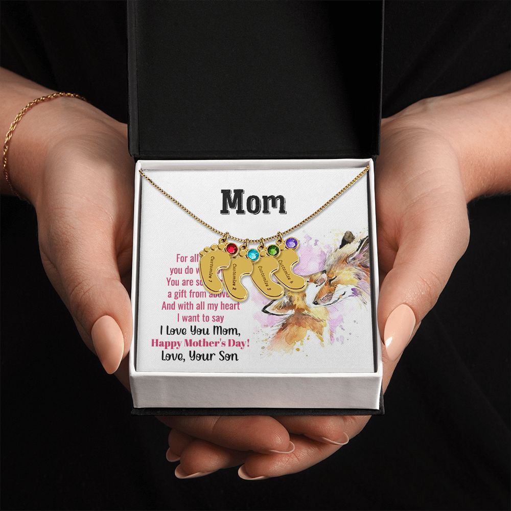 ENGRAVED BABY FEET WITH NAME AND BIRTHSTONE, NECKLACE GIFT FOR MOM WITH KIDS NAME, WITH MESSAGE CARD, MOTHER'S DAY GIFT FOR MOM FROM SON