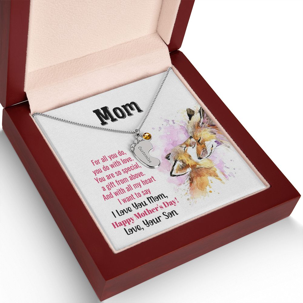 ENGRAVED BABY FEET WITH NAME AND BIRTHSTONE, NECKLACE GIFT FOR MOM WITH KIDS NAME, WITH MESSAGE CARD, MOTHER'S DAY GIFT FOR MOM FROM SON