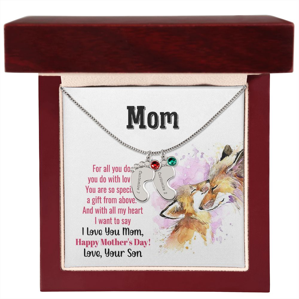 ENGRAVED BABY FEET WITH NAME AND BIRTHSTONE, NECKLACE GIFT FOR MOM WITH KIDS NAME, WITH MESSAGE CARD, MOTHER'S DAY GIFT FOR MOM FROM SON