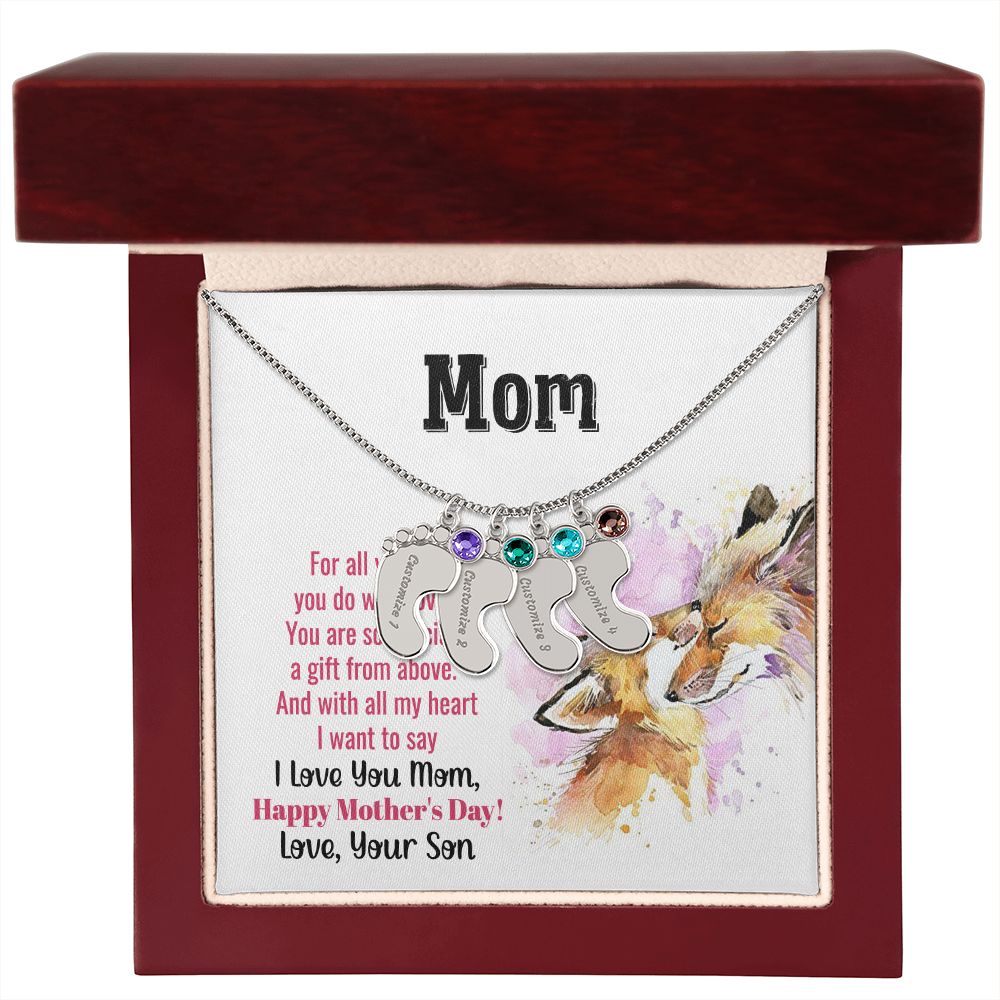 ENGRAVED BABY FEET WITH NAME AND BIRTHSTONE, NECKLACE GIFT FOR MOM WITH KIDS NAME, WITH MESSAGE CARD, MOTHER'S DAY GIFT FOR MOM FROM SON
