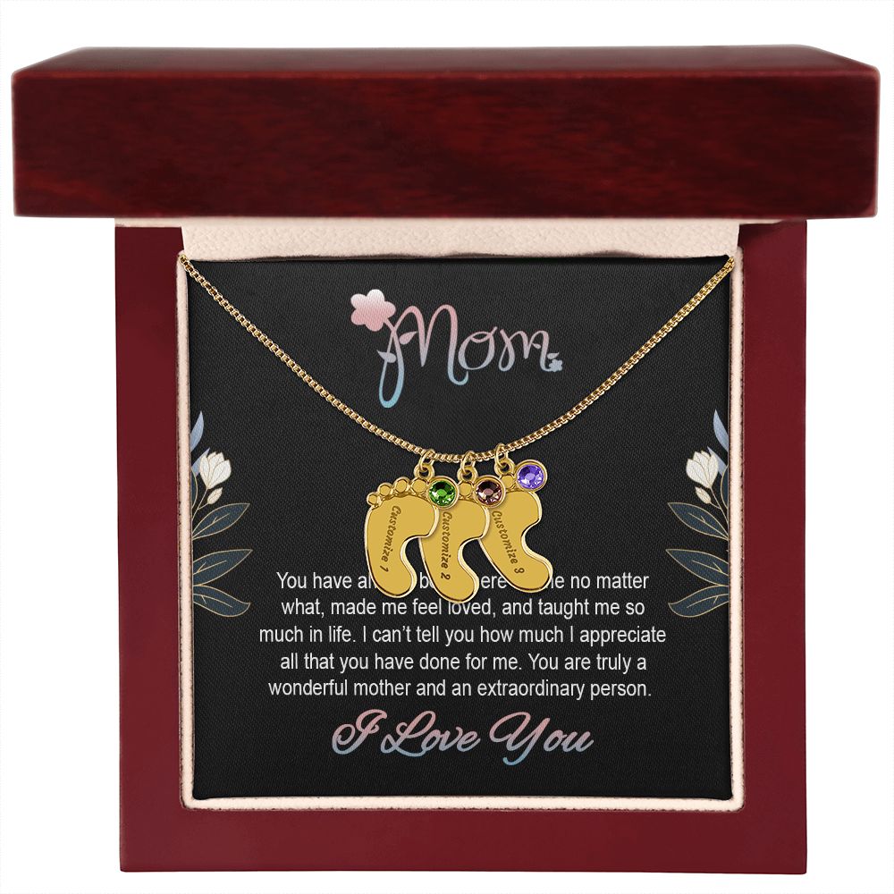 ENGRAVED BABY FEET WITH NAME AND BIRTHSTONE, NECKLACE GIFT FOR MOM WITH KIDS NAME, WITH MESSAGE CARD, BIRTHDAY/ MOTHER'S DAY GIFT FOR MOM FROM SON/DAUGHTER