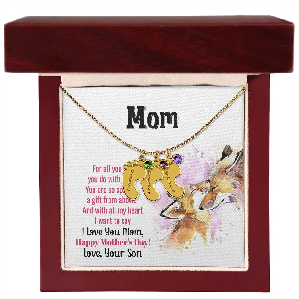 ENGRAVED BABY FEET WITH NAME AND BIRTHSTONE, NECKLACE GIFT FOR MOM WITH KIDS NAME, WITH MESSAGE CARD, MOTHER'S DAY GIFT FOR MOM FROM SON