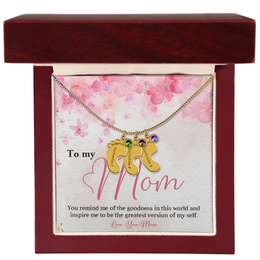 ENGRAVED BABY FEET WITH NAME AND BIRTHSTONE, NECKLACE GIFT FOR MOM WITH KIDS NAME, WITH MESSAGE CARD, BIRTHDAY/ MOTHER'S DAY GIFT FOR MOM FROM SON/DAUGHTER